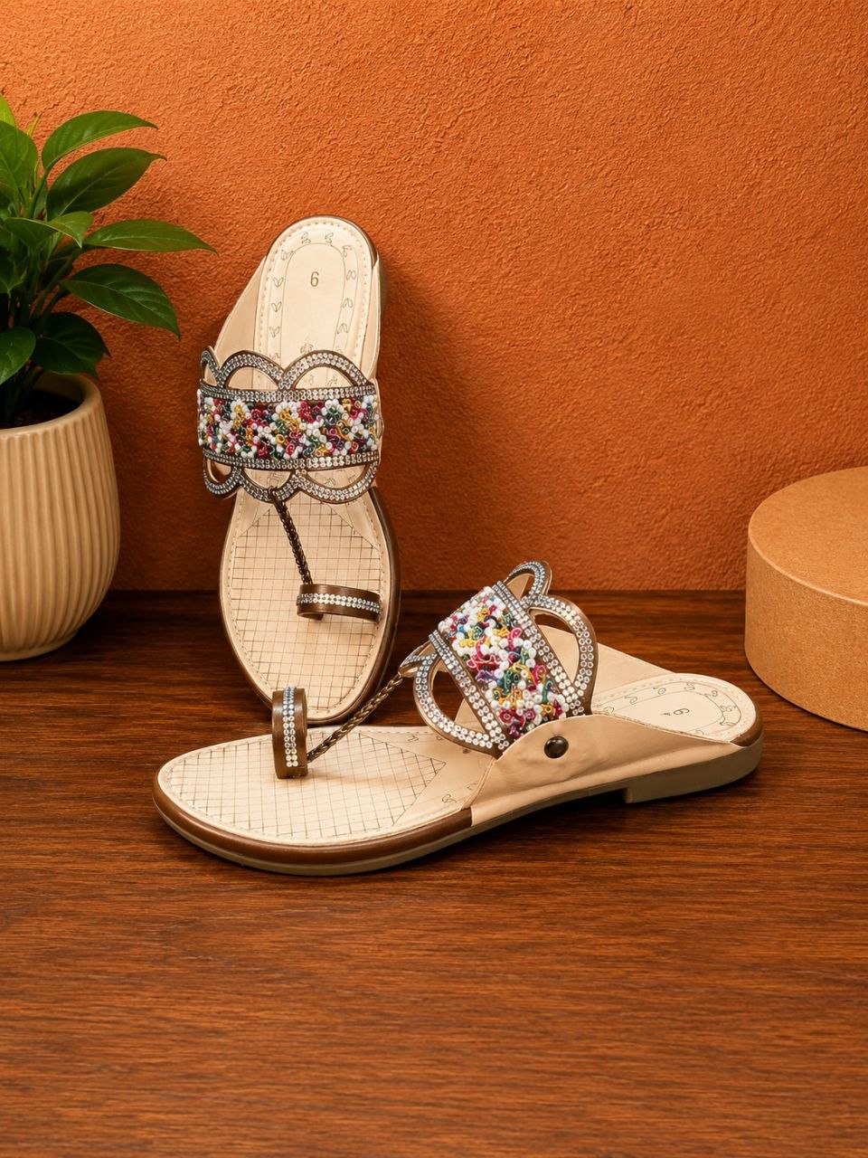 Multicolour Beaded Rhinestone Toe Ring Flats