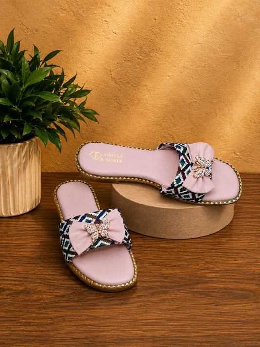 Pink Butterfly Bow Patterned Flat Slippers