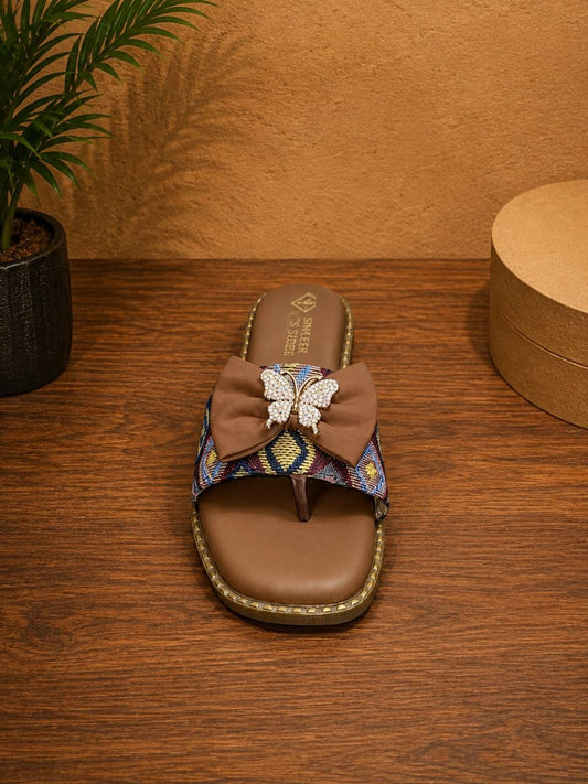 Brown Butterfly Bow Embellished Flat Slippers