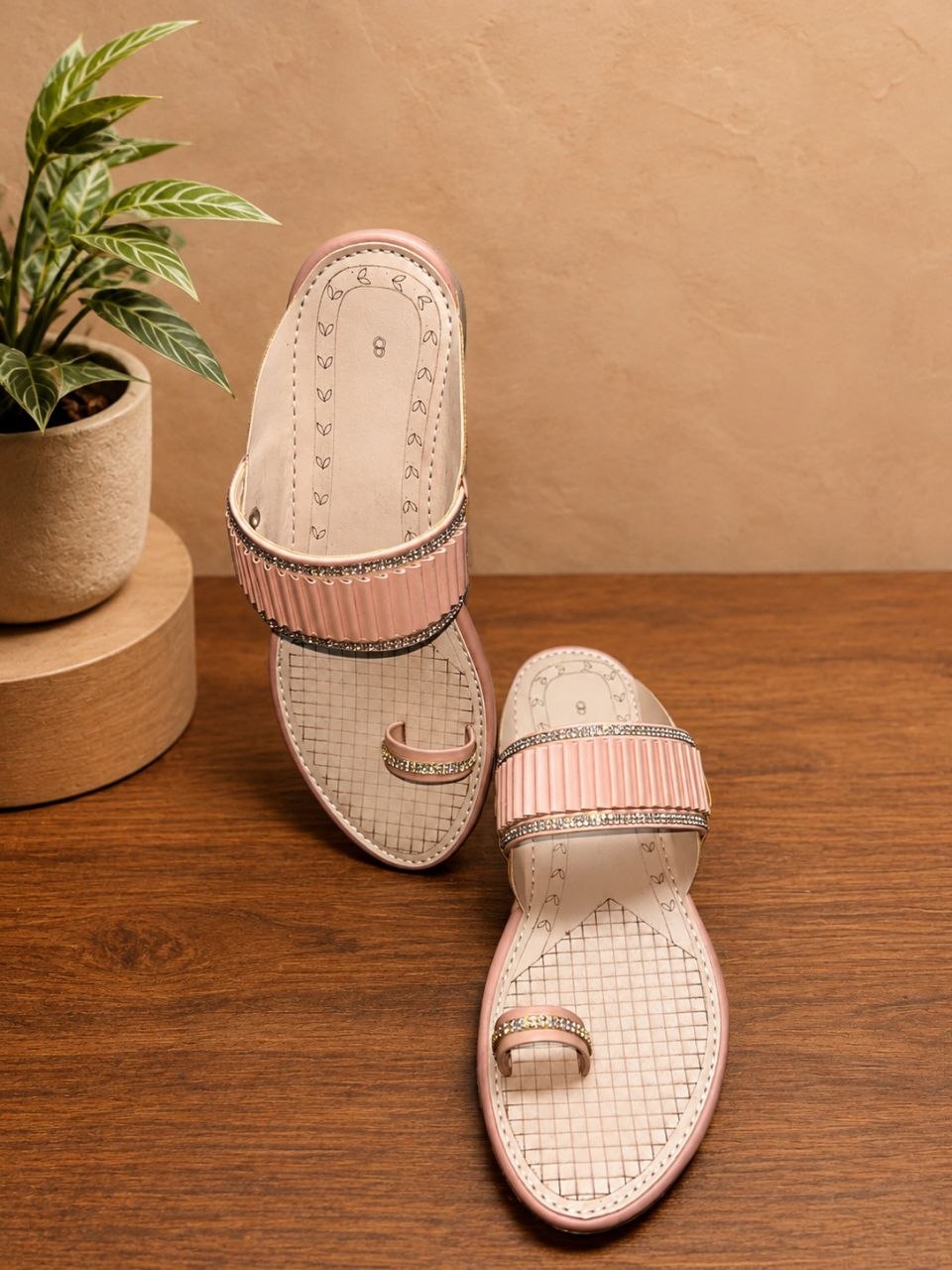 Pink Toe Ring Flats with Stone-Studded Strap
