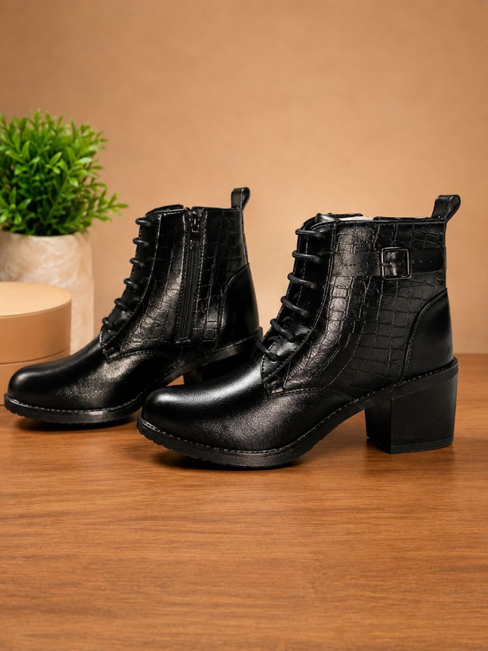 Premium Black Ankle Boots | Elegant Croc Texture & Block Heel
