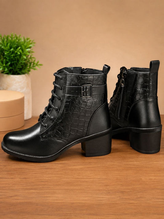 Premium Black Ankle Boots | Elegant Croc Texture & Block Heel