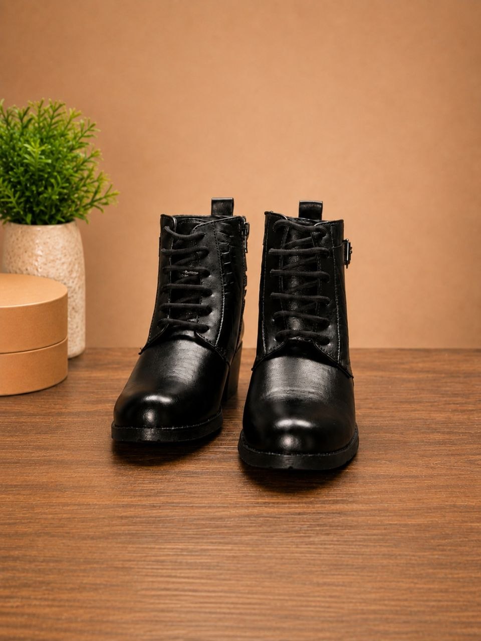 Premium Black Ankle Boots | Elegant Croc Texture & Block Heel