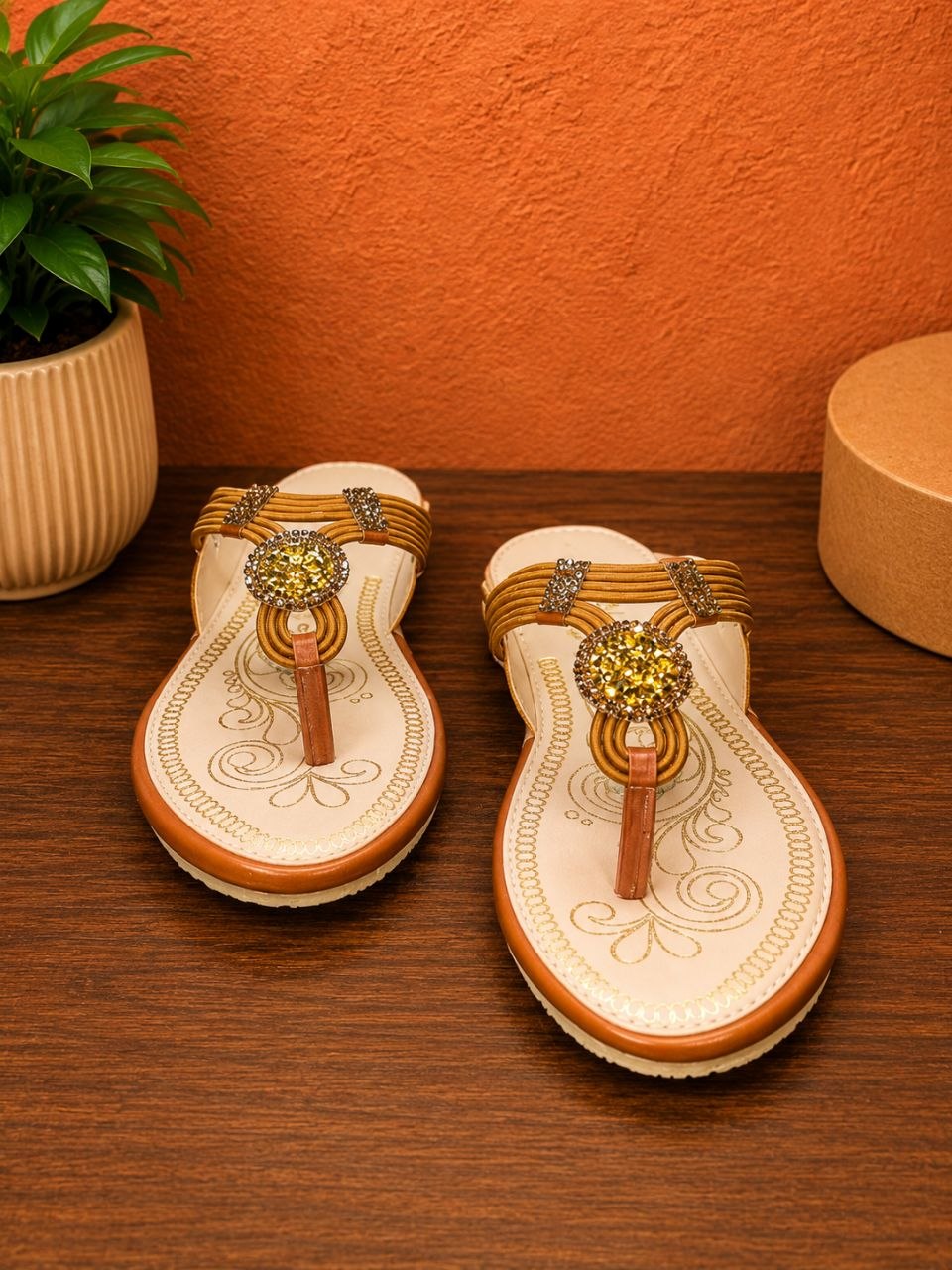 Golden Stone Embellished Toe Ring Flats