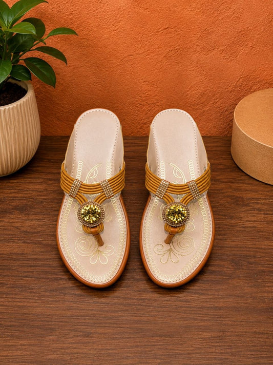 Golden Stone Embellished Toe Ring Flats