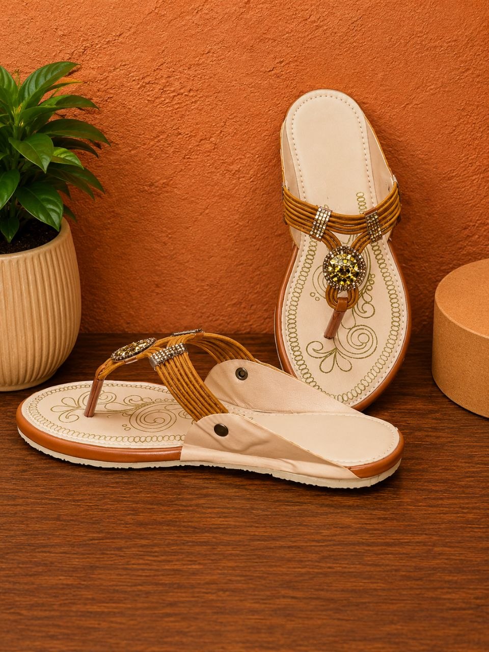 Golden Stone Embellished Toe Ring Flats
