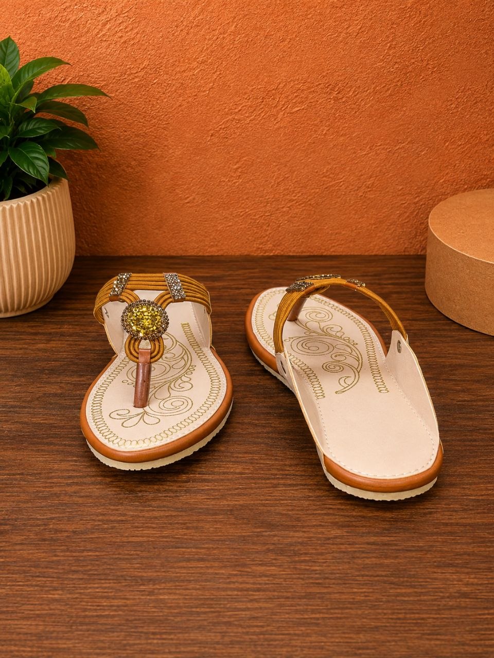 Golden Stone Embellished Toe Ring Flats