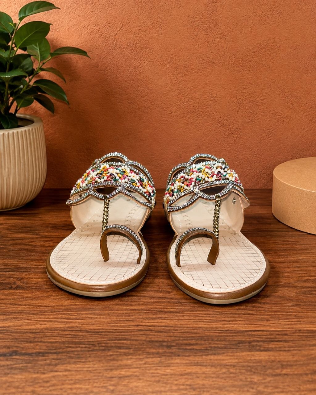 Multicolour Beaded Rhinestone Toe Ring Flats