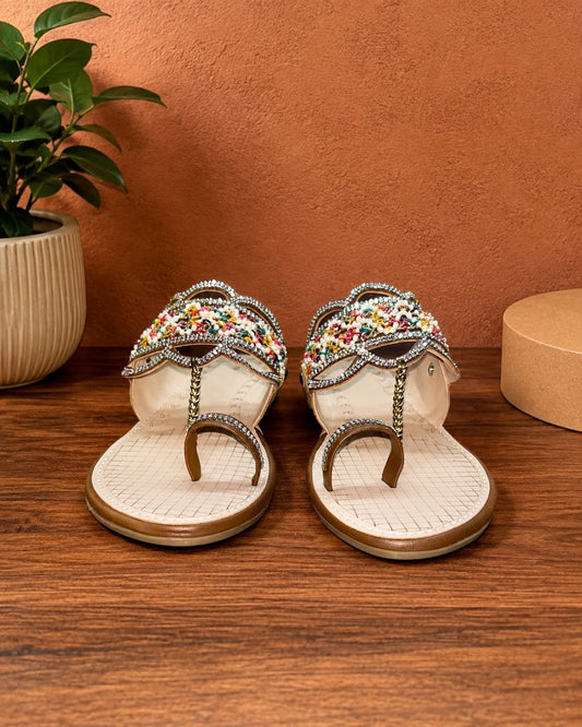 Multicolour Beaded Rhinestone Toe Ring Flats