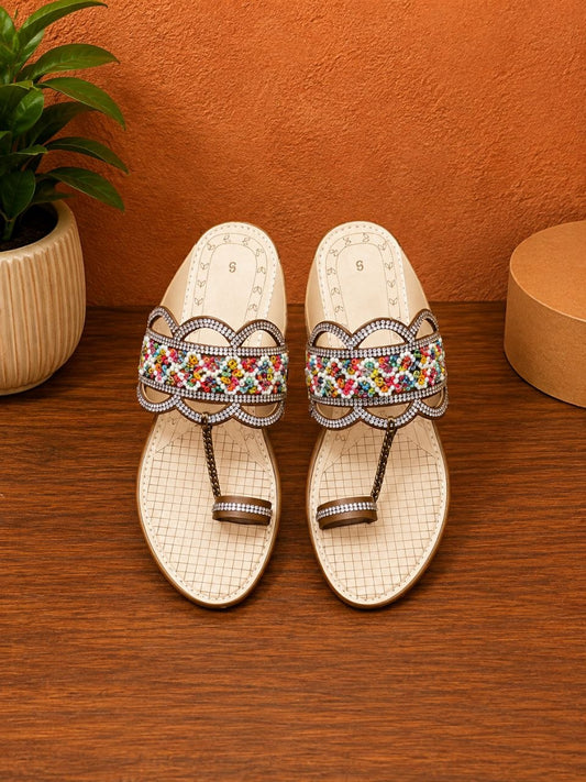 Multicolour Beaded Rhinestone Toe Ring Flats