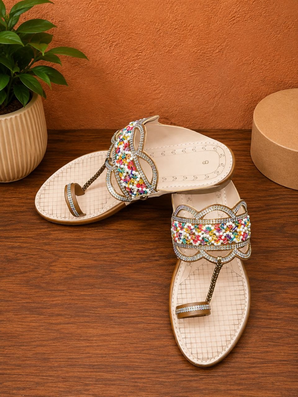 Multicolour Beaded Rhinestone Toe Ring Flats