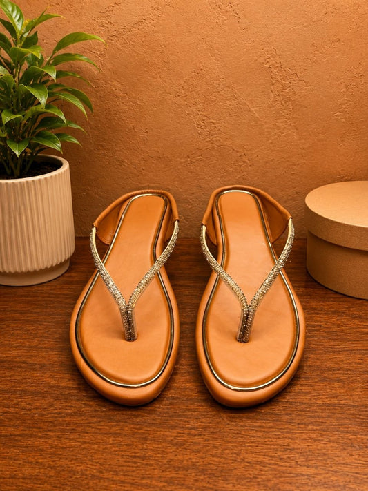 Tan Rhinestone Embellished Toe Ring Flats