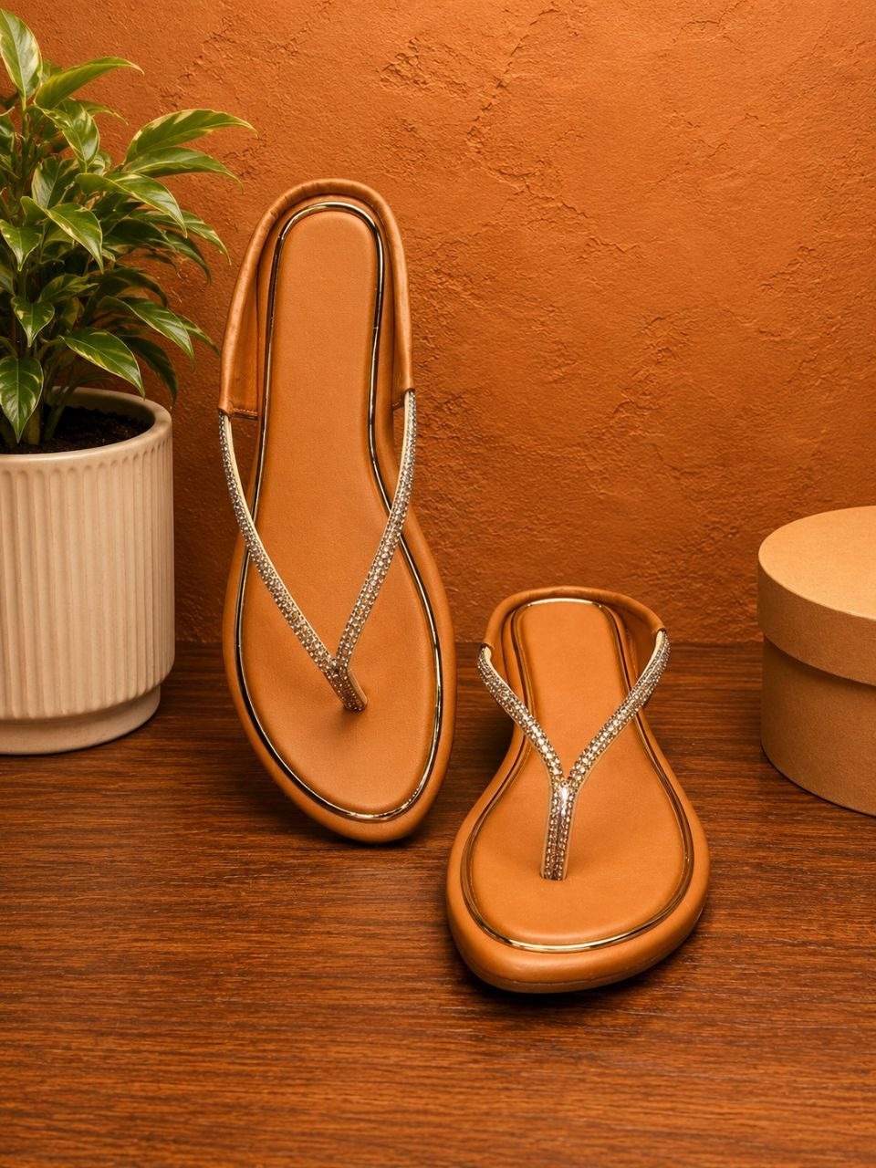 Tan Rhinestone Embellished Toe Ring Flats