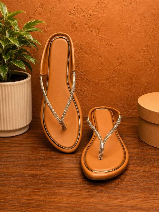 Tan Rhinestone Embellished Toe Ring Flats