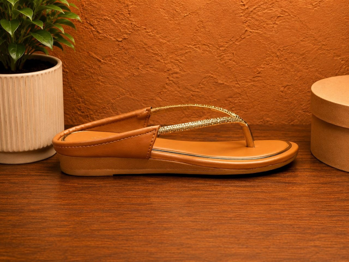 Tan Rhinestone Embellished Toe Ring Flats