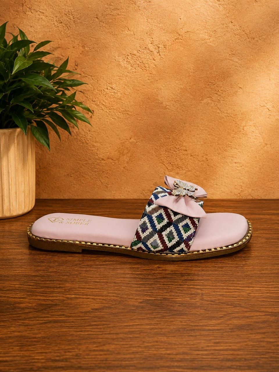 Pink Butterfly Bow Patterned Flat Slippers