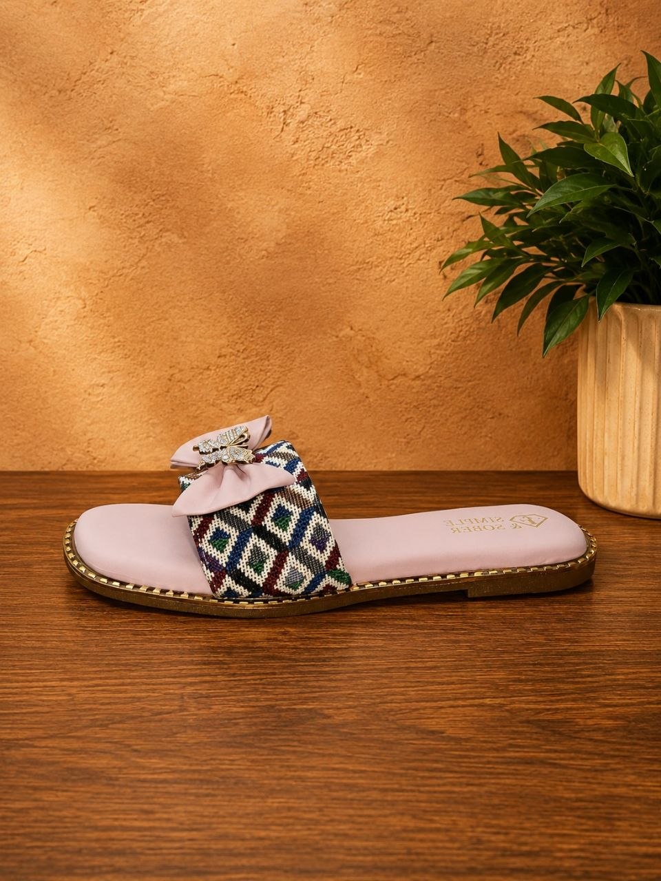 Pink Butterfly Bow Patterned Flat Slippers