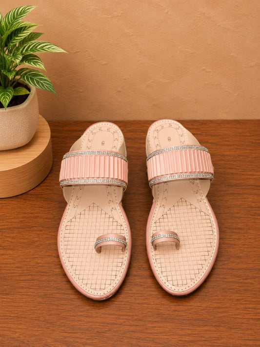 Pink Toe Ring Flats with Stone-Studded Strap