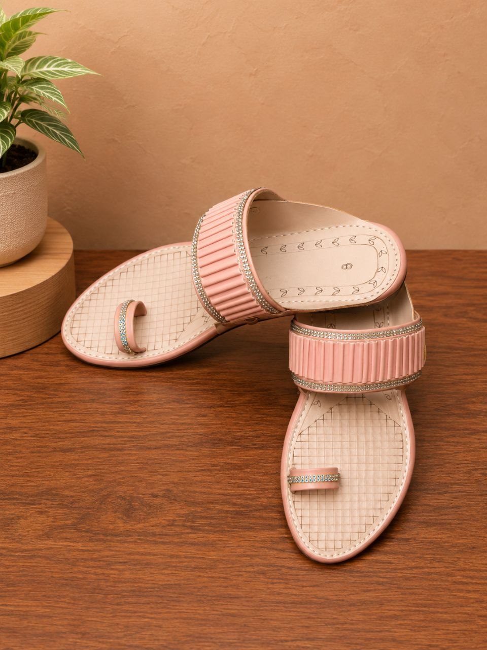 Pink Toe Ring Flats with Stone-Studded Strap