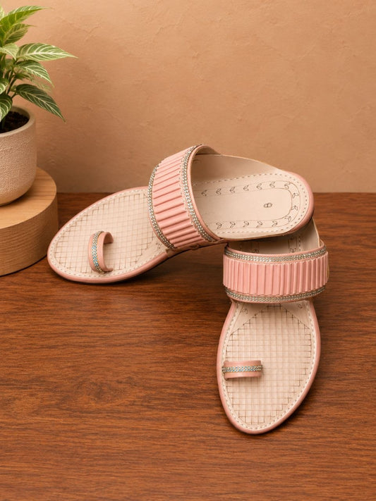 Pink Toe Ring Flats with Stone-Studded Strap