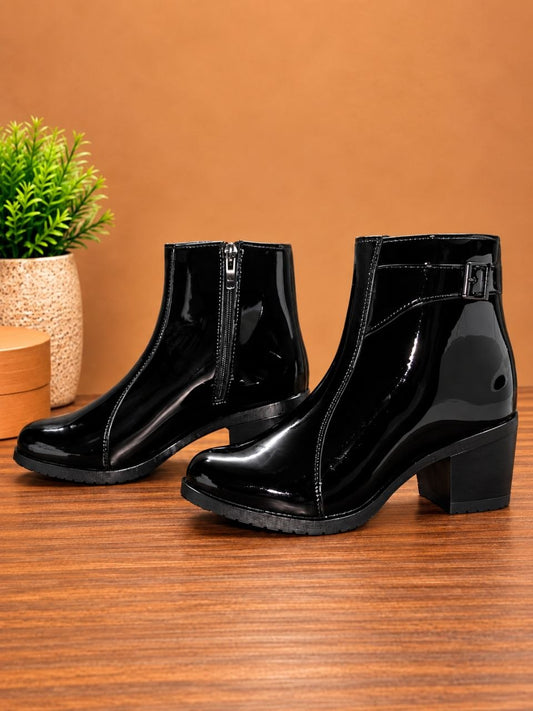 Black Patent Leather Look Block Heel Ankle Boots with Buckle