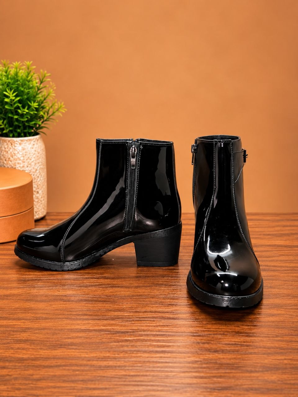 Black Patent Leather Look Block Heel Ankle Boots with Buckle